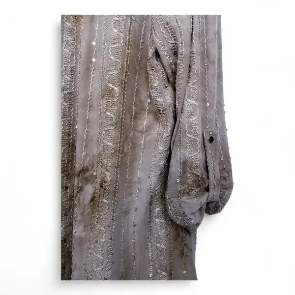 Cocomo V-neck Sequin Tan Tie-Dye Roll-Tab Sleeves Shirt - Size XL - Picture 3 of 6